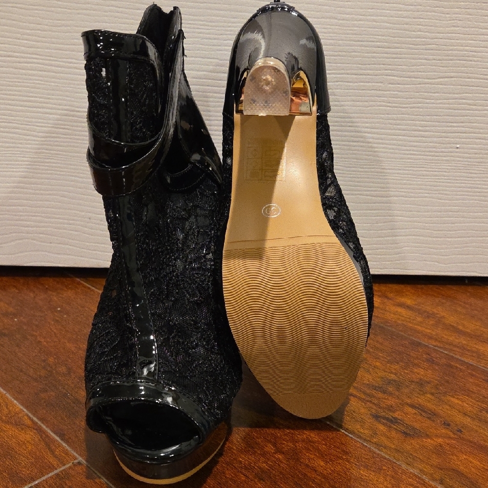 Black Lace Peep-Toe High Heel Booties with Gold Buckle - Picture 6 of 9